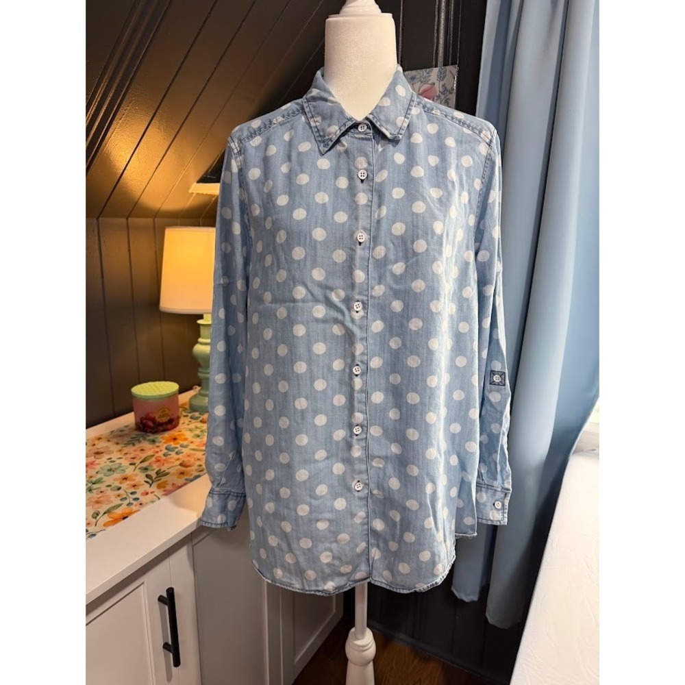 Foxcroft Womens 14W Blue Polka Dot Chambray Button Down Shaped Shirt Blouse